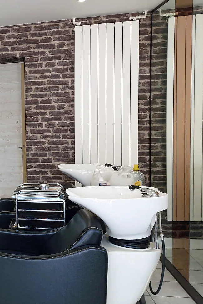 Les deux bacs à shampooing et leurs fauteuils, devant le mur de brique.